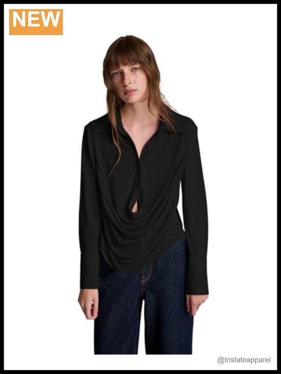 Tops - Women's Long Sleeve Drape Front Blouse - 94% Polyester 6% Elastane, Collared